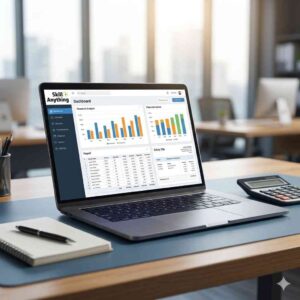Corporate office desk with laptop showcasing financial dashboards and "Skill Anything" brand logo.