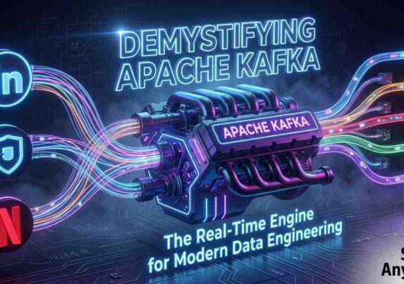 Modern tech banner with Apache Kafka engine and SkillAnything logo.