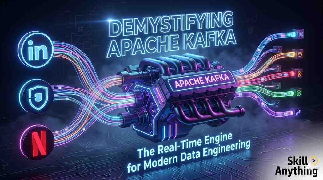 Modern tech banner with Apache Kafka engine and SkillAnything logo.